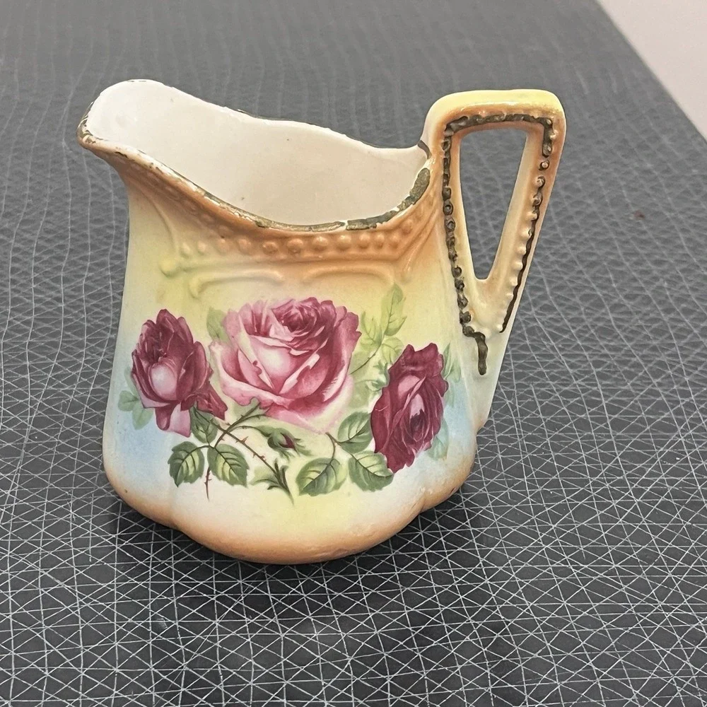 VINTAGE CREAMER SYRUP CABINET PITCHER LOVELY RED YELLOW ROSES ART NOUVEAU